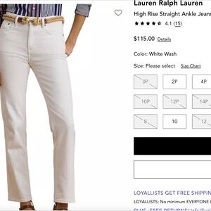 New Lauren Ralph Lauren High Rise Straight Ankle Jeans - White Wash